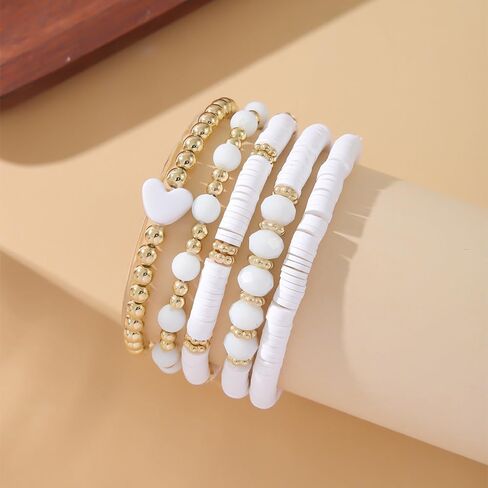 Todu Bohemian Stackable Bracelets for Women Colorful Heart Surfer Heishi Polymer Clay Beaded Elastic Bracelets Summer Beach Boho Holiday Jewelry Valentine's Day Gift 5pcs in Saudi Arabia
