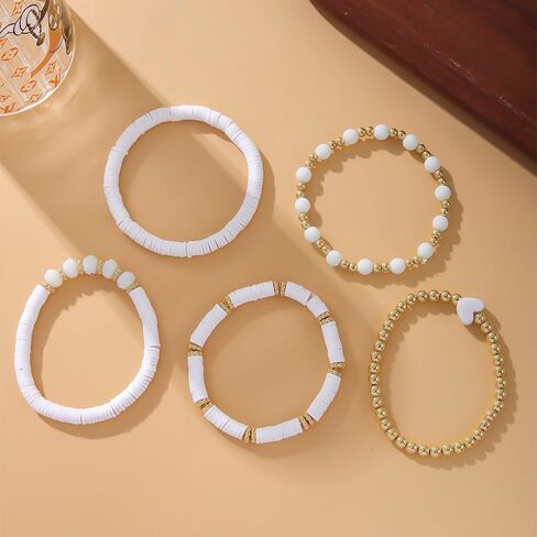Todu Bohemian Stackable Bracelets for Women Colorful Heart Surfer Heishi Polymer Clay Beaded Elastic Bracelets Summer Beach Boho Holiday Jewelry Valentine's Day Gift 5pcs in Saudi Arabia