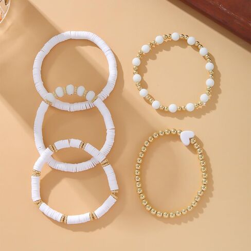 Todu Bohemian Stackable Bracelets for Women Colorful Heart Surfer Heishi Polymer Clay Beaded Elastic Bracelets Summer Beach Boho Holiday Jewelry Valentine's Day Gift 5pcs in Saudi Arabia