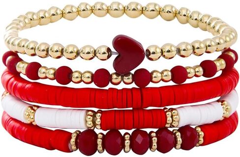 Todu Bohemian Stackable Bracelets for Women Colorful Heart Surfer Heishi Polymer Clay Beaded Elastic Bracelets Summer Beach Boho Holiday Jewelry Valentine's Day Gift 5pcs in Saudi Arabia
