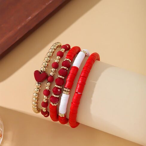 Todu Bohemian Stackable Bracelets for Women Colorful Heart Surfer Heishi Polymer Clay Beaded Elastic Bracelets Summer Beach Boho Holiday Jewelry Valentine's Day Gift 5pcs in Saudi Arabia