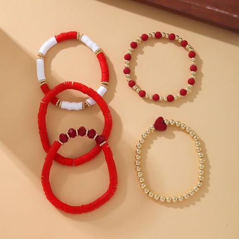Todu Bohemian Stackable Bracelets for Women Colorful Heart Surfer Heishi Polymer Clay Beaded Elastic Bracelets Summer Beach Boho Holiday Jewelry Valentine's Day Gift 5pcs in Saudi Arabia