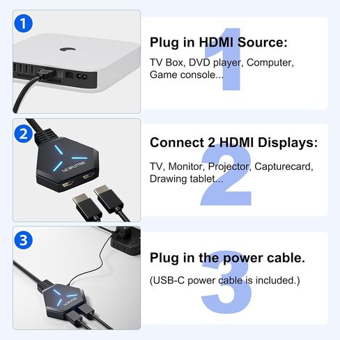 HDMI Splitter, HDMI Splitter for Dual Monitors Mirror Only, 4K HDMI Splitter 1 in 2 Out, HDMI Splitter 1 to 2 Distributor for Full HD 4K@30hz, 1080P, 3D, Compatible with Xbox, PS4, PS5, TV, Computer in Kuwait
