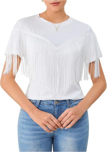 MakeMeChic Women's Fringe Tops Short Sleeve Tassel Trim Dressy Casual Summer Trendy Tops Tee Shirt in Saudi Arabia