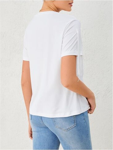 MakeMeChic Women's Fringe Tops Short Sleeve Tassel Trim Dressy Casual Summer Trendy Tops Tee Shirt in Saudi Arabia