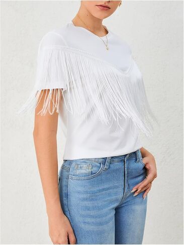 MakeMeChic Women's Fringe Tops Short Sleeve Tassel Trim Dressy Casual Summer Trendy Tops Tee Shirt in Saudi Arabia