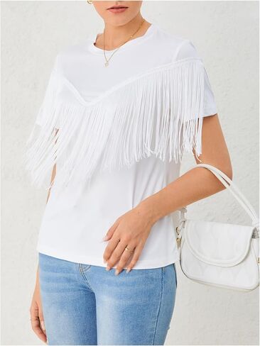 MakeMeChic Women's Fringe Tops Short Sleeve Tassel Trim Dressy Casual Summer Trendy Tops Tee Shirt in Saudi Arabia