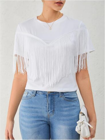 MakeMeChic Women's Fringe Tops Short Sleeve Tassel Trim Dressy Casual Summer Trendy Tops Tee Shirt in Saudi Arabia