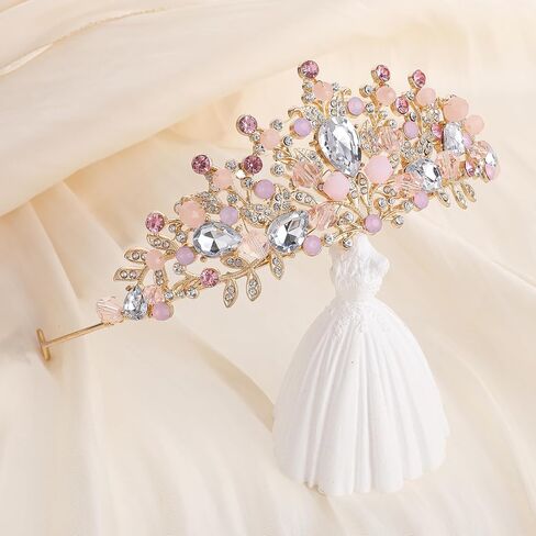 Pink Crystal Tiara Princess Costume Rhinestone Crown Headband Wedding Bridal Hair Accessories Gold Queen Crown Quinceanera Headpiece for Birthday Communion Pageants Prom Halloween Christmas in Saudi Arabia