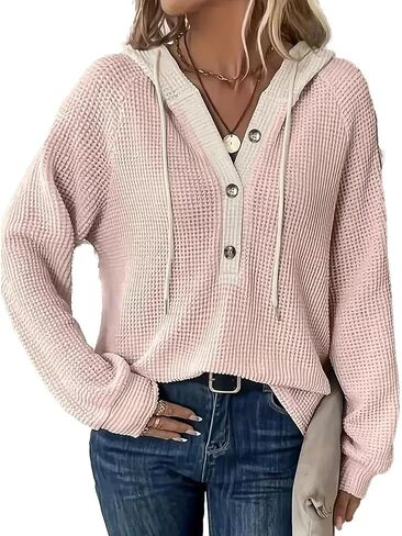 Flamingals Women's Waffle Hoodie Drawstring Button Front V Neck Contrast Binding Hoodie in Saudi Arabia