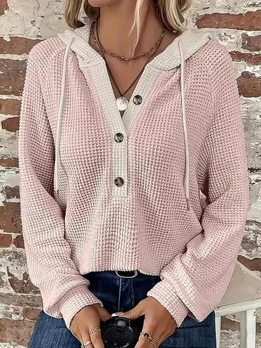 Flamingals Women's Waffle Hoodie Drawstring Button Front V Neck Contrast Binding Hoodie in Saudi Arabia