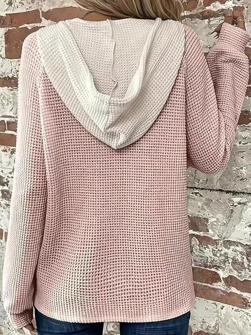 Flamingals Women's Waffle Hoodie Drawstring Button Front V Neck Contrast Binding Hoodie in Saudi Arabia