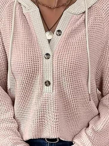 Flamingals Women's Waffle Hoodie Drawstring Button Front V Neck Contrast Binding Hoodie in Saudi Arabia