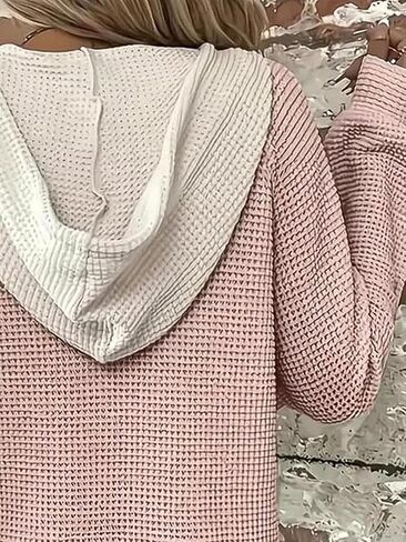 Flamingals Women's Waffle Hoodie Drawstring Button Front V Neck Contrast Binding Hoodie in Saudi Arabia