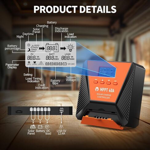 60A MPPT Solar Charge Controller 12V/ 24V Solar Panel Charge Controller Intelligent Regulator for FLD/LiFePO4/SLD/GEL/AGM with Dual USB Port Auto Parameter LCD Display and Timer Setting ON/Off Hours in Saudi Arabia