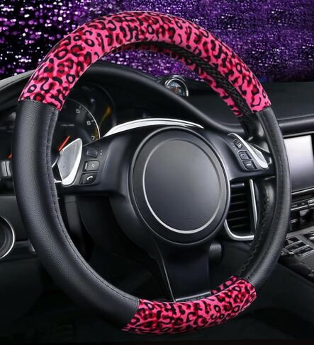 غطاء عجلة قيادة السيارة من جلد الفهد من دوتسي ناعم ومضاد للانزلاق وجيد التهوية من القطيفة لحماية عجلة القيادة للنساء والرجال مقاس 15 بوصة (وردي) in Kuwait