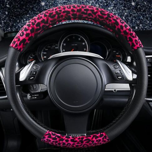 غطاء عجلة قيادة السيارة من جلد الفهد من دوتسي ناعم ومضاد للانزلاق وجيد التهوية من القطيفة لحماية عجلة القيادة للنساء والرجال مقاس 15 بوصة (وردي) in Kuwait