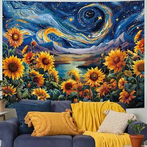 Yuiqear Sunflower Tapestry Psychedelic Starry Sky Tapestry Galaxy Space Wall Tapestry Mysterious Mountain River Tapestry Fantasy Landscape Tapestry for Bedroom Decor