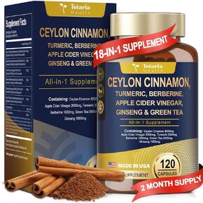 18-in-1 Ceylon Cinnamon Capsules 16280mg, Made in USA, Ultra Strength 8000mg Ceylon Cinnamon Berberine Supplement w/Apple Cider Vinegar Turmeric, Vegan Capsules for Gut, Metabolism & Heart