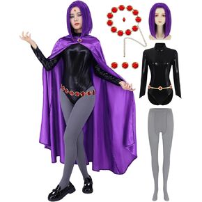 Women Halloween Cosplay Costume with Purple Hooded Cape Wig Belt Jumpsuit Gemstone Anime Role Play Outfit