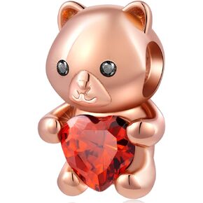Rose Gold Teddy Bear Charms Hug Love Heart fit Pandora Animal Pet Bracelet, 925 Sterling Silver I Love You Bear Beads with January CZ, Gifts for Valentines Day/Bride