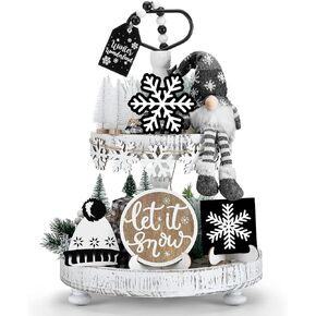 16 Pcs Winter Tiered Tray Decor Winter Rustic Gnome Plush Snowflake Tray Decor Let It Snow Wood Table Signs for Christmas Winter Table Centerpieces Home Decorations (Black Gray)