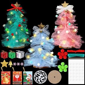 Hungdao 3 Set DIY Christmas Tree Craft Kit Christmas Tabletop Decorations 12 Inch Tulle Christmas Tree with Light Christmas Tree Centerpieces for Table for Christmas Birthday Holiday Women Gift Decor