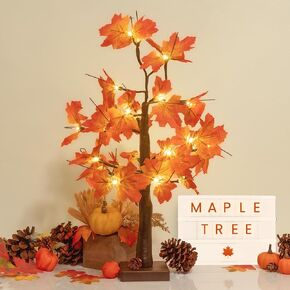 24-inch Fall Lighted Maple Tree, 24 LED Lights, USB+Battery Operated Thanksgiving Table Centerpieces Decoration Tree for Home Fireplace Autumn Harvest Tabletop Indoor Decor