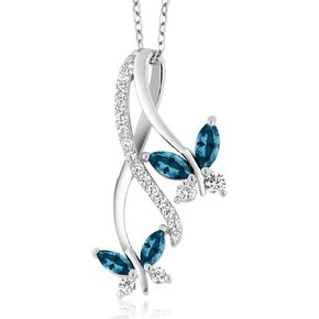 Gem Stone King 925 Sterling Silver London Blue Topaz Butterfly Pendant Necklace For Women (1.49 Cttw, Marquise Cut, Gemstone Birthstone, with 18 Inch Silver Chain)
