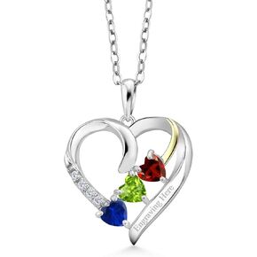 Gem Stone King 925 Silver and 10K Yellow Gold Customized and Personalized 3-Stone Heart Shape Gemstone Birthstone and White Lab Grown Diamond Pendant Necklace For Women with 18 Inch Chain