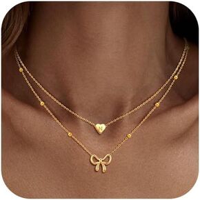 KSF Layered Initial Necklaces for Women Trendy, Bow Necklace 14K Dainty Gold Necklace Cute Small Tiny A-Z Pendant Choker Necklace for Women Gold Jewelry Gift