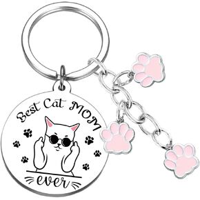 Cat Mom Gifts Keychain for Women - Best Cat Mom Ever Key Chain for Cat Lover Gift with Cat Pink Paw Charms Keyring, Best Cat