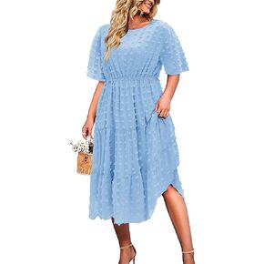 IN'VOLAND Womens Plus Size Swiss Dot Dress Chiffon Short Sleeve High Waist A Line Ruffle Tiered Babydoll Midi Dress
