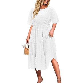 IN'VOLAND Womens Plus Size Swiss Dot Dress Chiffon Short Sleeve High Waist A Line Ruffle Tiered Babydoll Midi Dress in Kuwait