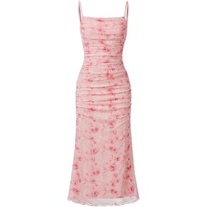 SOLY HUX Girl's Floral Print Mesh Ruched Cami Long Dress Spaghetti Strap Bodycon Summer Dresses