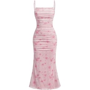 SOLY HUX Girl's Floral Print Mesh Ruched Cami Long Dress Spaghetti Strap Bodycon Summer Dresses