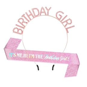 Birthday Sash and Crown for Women IT'S ME. HI, I'M THE Birthday Girl Glitter Pink Birthday Girl Sash and Tiara Set Rhinestone Birthday Girl Headband for Women Girls Gift Birthday Party Decoration