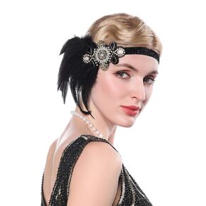 Aimimier 1920s Flapper Feather Headband Black Beaded Crystal Headpiece with Elastic Band Costume Hair Accessories for Women