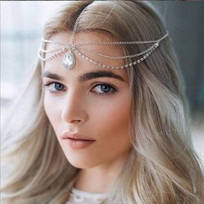 Urieo Boho Rhinestone Head Chain Silver Layered Hair Chains Jewelry Festival Halloween Prom Costume Headpiece for Women