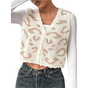 MakeMeChic Women's Leopard Print Button Down Sweater Vest Sleeveless V Neck Knitted Crop Tops