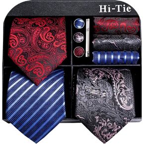 Hi-Tie 3 Pcs Gift Box Mens Tie Set Necktie with Pocket Square Cufflinks Lapel Pin Silk Neck Tie Collection