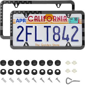 American Flag License Plate Frame - 2 Pack Aluminum, Black Matte Stripe, Universal Fit with 4 Drill Holes, Car Plate Frames, License Plate Covers, Free Screws Fasteners Caps (Black + White)