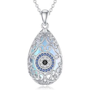 Evil Eyes Necklace S925 Sterling Silver Teardrop Filigree Moonstone Evil Eye Pendant Necklace Jewelry Lucky Protection Jewelry Gifts for Women Birthday Christmas Mothers Day