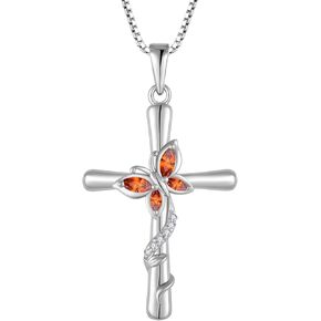 Cross Necklace for Women 925 Sterling Silver Butterfly Necklace Birthstone Created Gemstone Pendant Jewelry Gifts for Women