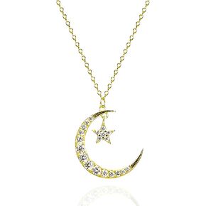 925 Sterling Silver Big Moon CZ Star Pendant Necklace