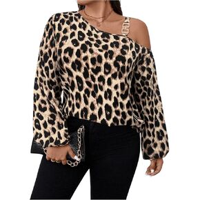 MakeMeChic Women's Plus Size Graphic Print One Shoulder Blouses Long Sleeve Tops
