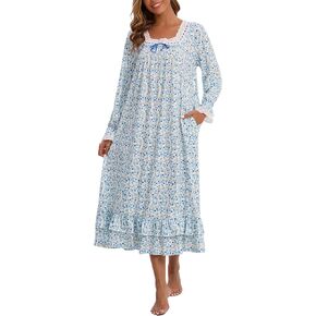 Women's Victorian Nightgown Soft Cotton Sleepwear Long Sleeve Princess Nightdress with Pockets