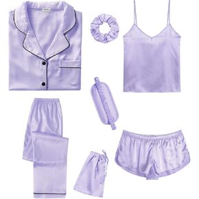 SWOMOG Womens Silk Satin Pajamas Sets 7pcs Sleepwear Sexy Cami Shorts Set and Button Down Short Sleeve Satin Pjs