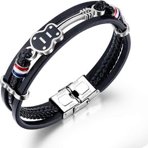 Rockyu Mens Leather Bracelet Stainless Steel Motorcycle Chain PU Leather Wristband Adjustable Fashion Accessory