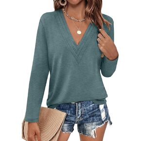 Womens Deep V Neck Long Sleeve Shirts Pleated Dressy Casual Tops Sexy Loose Fit T Shirt